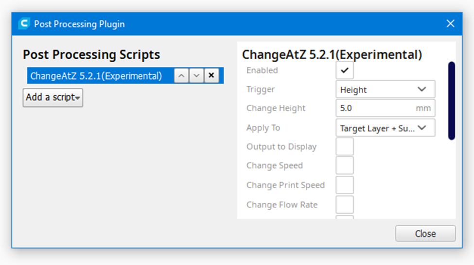 Adding a Change-At-Z post processing script in Cura